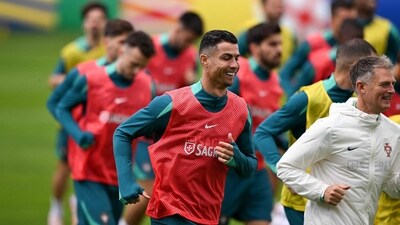 Portugal's forward #07 Cristiano Ronaldo (C) runs during a training session of Portugal's national football team, during the UEFA Euro 2024 European football Championship (AFP) Portugal's forward #07 Cristiano Ronaldo (C) runs during a training session of Portugal's national football team, during the UEFA Euro 2024 European football Championship (AFP)