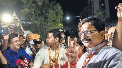 Mumbai, India - June 4, 2024: Ravindra Waikar Candidate for Lok Sabha, Mumbai North-West constituency celebrate after winning at Nesco in Mumbai, India, on Tuesday, June 4, 2024. (Photo by Satish Bate/ Hindustan Times) (Hindustan Times)
