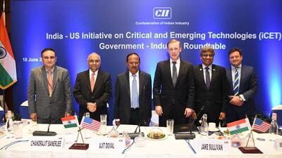 National Security Adviser Ajit Doval and his American counterpart Jake Sullivan during the industry roundtable on India – US Initiative on Critical and Emerging Technologies in New Delhi on Tuesday. (PTI) National Security Adviser Ajit Doval and his American counterpart Jake Sullivan during the industry roundtable on India – US Initiative on Critical and Emerging Technologies in New Delhi on Tuesday. (PTI)