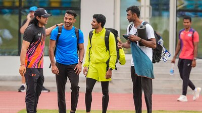 Neeraj Chopra interacts with fellow athletes ahead of the men's Javelin Throw event (PTI) Neeraj Chopra interacts with fellow athletes ahead of the men's Javelin Throw event (PTI)