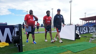 United States' Aaron Jones, centre, walks with team members before an ICC Men's T20 World Cup cricket match against Ireland at the Central Broward Regional Park Stadium in Lauderhill, Fla., Friday, June 14 (PTI) United States' Aaron Jones, centre, walks with team members before an ICC Men's T20 World Cup cricket match against Ireland at the Central Broward Regional Park Stadium in Lauderhill, Fla., Friday, June 14 (PTI)