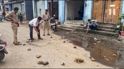 Police personnel conduct investigation after a man killed his alleged girlfriend on a road in Vasai on Tuesday. (PTI) Police personnel conduct investigation after a man killed his alleged girlfriend on a road in Vasai on Tuesday. (PTI)