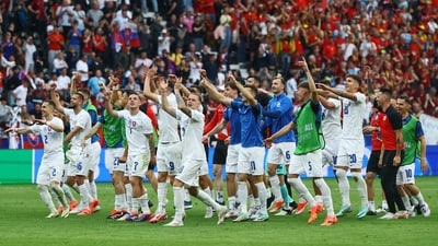 Euro 2024 - Slovakia players celebrate after beating Belgium in a Group E match (REUTERS)