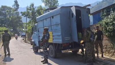 Security personnel near the encounter site in Bandipora. (PTI)