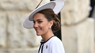 TOPSHOT - Britain's Catherine, Princess of Wales, arrives to Horse Guards Parade for the King's Birthday Parade "Trooping the Colour" in London on June 15, 2024. Catherine, Princess of Wales, is making a tentative return to public life for the first time since being diagnosed with cancer, attending the Trooping the Colour military parade in central London. (AFP) TOPSHOT - Britain's Catherine, Princess of Wales, arrives to Horse Guards Parade for the King's Birthday Parade "Trooping the Colour" in London on June 15, 2024. Catherine, Princess of Wales, is making a tentative return to public life for the first time since being diagnosed with cancer, attending the Trooping the Colour military parade in central London. (AFP)