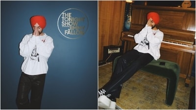 Diljit wore the ensemble with a striking red turban and black-and-white chunky sneakers. The accessories matched his outfit, creating a cohesive look. Men, take notes! (Instagram/@diljitdosanjh) Diljit wore the ensemble with a striking red turban and black-and-white chunky sneakers. The accessories matched his outfit, creating a cohesive look. Men, take notes! (Instagram/@diljitdosanjh)