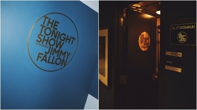 Earlier, Diljit had shared pictures from the sets of the Jimmy Fallon Show. In the post, the singer wore a white printed sweatshirt and black leather pants, cementing his fashion icon status. While the sweatshirt has a round neckline, full-length sleeves, and an oversized fit, the pants feature a straight-leg hem and mid-rise waist. (Instagram/@diljitdosanjh) Earlier, Diljit had shared pictures from the sets of the Jimmy Fallon Show. In the post, the singer wore a white printed sweatshirt and black leather pants, cementing his fashion icon status. While the sweatshirt has a round neckline, full-length sleeves, and an oversized fit, the pants feature a straight-leg hem and mid-rise waist. (Instagram/@diljitdosanjh)