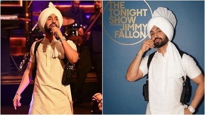 Diljit's outfit featured an all-white kurta and tehmat. Tehmat, also called Tamba, is a Punjabi version of the lungi. It has folds at the front and is the traditional dress for Punjabi men. Meanwhile, the kurta features a Mandarin collar, button closures on the chest, half-length sleeves, a fitted silhouette, and intricate thread embroidery, adding definition to Diljit's look. (Instagram/@fallontonight) Diljit's outfit featured an all-white kurta and tehmat. Tehmat, also called Tamba, is a Punjabi version of the lungi. It has folds at the front and is the traditional dress for Punjabi men. Meanwhile, the kurta features a Mandarin collar, button closures on the chest, half-length sleeves, a fitted silhouette, and intricate thread embroidery, adding definition to Diljit's look. (Instagram/@fallontonight)