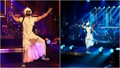 Diljit styled the ensemble with a matching pagdi or turban. He also wore silver hoop earrings, a bracelet watch, black-tinted aviators, a black vest, a kadha, white socks, and black-and-white high-ankle sneakers. (Instagram/@fallontonight) Diljit styled the ensemble with a matching pagdi or turban. He also wore silver hoop earrings, a bracelet watch, black-tinted aviators, a black vest, a kadha, white socks, and black-and-white high-ankle sneakers. (Instagram/@fallontonight)