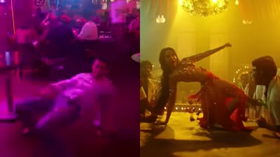 Qatar Airways flight attendant (left) matching Nora Fatehi's (right) Saki Saki dance steps. (Instagram/@prasadgund8 and YouTube/@tseries) Qatar Airways flight attendant (left) matching Nora Fatehi's (right) Saki Saki dance steps. (Instagram/@prasadgund8 and YouTube/@tseries)