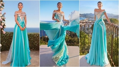 Shaleena Nathani also shared another look she styled for Radhika during her pre-wedding celebrations in Italy. The stylist dressed the bride-to-be in a Versace gown featuring an off-shoulder neckline, shimmering silver embellishments, and a flowy skirt. (Instagram) Shaleena Nathani also shared another look she styled for Radhika during her pre-wedding celebrations in Italy. The stylist dressed the bride-to-be in a Versace gown featuring an off-shoulder neckline, shimmering silver embellishments, and a flowy skirt. (Instagram)
