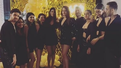 Sonakshi Sinha looks glamorous and exudes charisma in a stunning black mini dress as she stands at the center, posing with her friends during her pre-wedding bash. The actor's father Shatrughan Sinha has not yet confirmed about his presence at his daughter's wedding. However, Sonakshi's faily friend Pahlaj Nihalani is expecting the actor-politician to attend his daughter's marriage ceremony. Sonakshi Sinha looks glamorous and exudes charisma in a stunning black mini dress as she stands at the center, posing with her friends during her pre-wedding bash. The actor's father Shatrughan Sinha has not yet confirmed about his presence at his daughter's wedding. However, Sonakshi's faily friend Pahlaj Nihalani is expecting the actor-politician to attend his daughter's marriage ceremony.