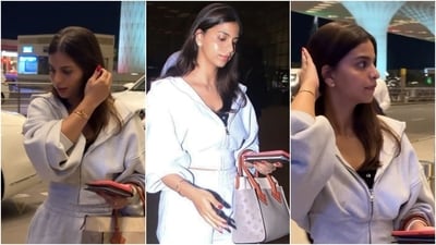 Suhana Khan's airport look, in a comfy athleisure outfit, is the perfect sartorial pick for long-haul flights. It features a cropped hooded jacket with baggy sleeves and a matching pair of trousers. With minimal makeup, loose tresses, and a stylish Louis Vuitton handbag, she serves up major airport fashion goals. (Instagram) Suhana Khan's airport look, in a comfy athleisure outfit, is the perfect sartorial pick for long-haul flights. It features a cropped hooded jacket with baggy sleeves and a matching pair of trousers. With minimal makeup, loose tresses, and a stylish Louis Vuitton handbag, she serves up major airport fashion goals. (Instagram)