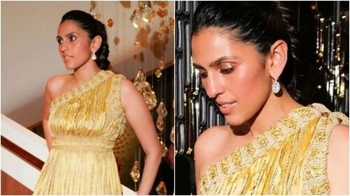 Shloka stuns in a golden gown in a bright golden cut-out and one-shoulder detailing. (Instagram/@ambani_update) Shloka stuns in a golden gown in a bright golden cut-out and one-shoulder detailing. (Instagram/@ambani_update)