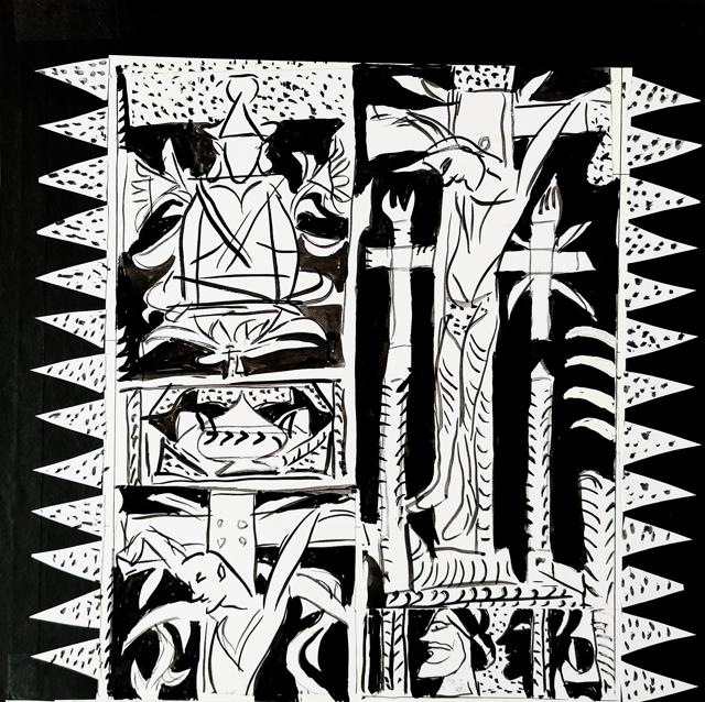 Maquette for the mural War of the Relics; paper cutout and gouache on paper – KG Subramanyan (KCC/Emami Art) Maquette for the mural War of the Relics; paper cutout and gouache on paper – KG Subramanyan (KCC/Emami Art)