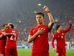 Turkey's Arda Guler celebrates scoring their a goal.