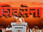 Maharashtra chief minister Eknath Shinde speaks during an event marking the Shiv Sena's foundation day.