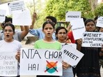 Students protest against the alleged irregularities in NEET UG 2024 results and demand re-examination, in Prayagraj. Students protest against the alleged irregularities in NEET UG 2024 results and demand re-examination, in Prayagraj.