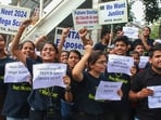 Bhopal: Students raise slogans during a protest over the alleged irregularities in NEET 2024 results, in Bhopal, Friday, June 14, 2024. (PTI Photo)(PTI06_14_2024_000233B)