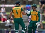 South Africa's captain Aiden Markram, left, and Quinton de Kock celebrate the partnership of 100 runs South Africa's captain Aiden Markram, left, and Quinton de Kock celebrate the partnership of 100 runs