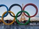 The Olympic rings are set up at Trocadero plaza that overlooks the Eiffel Tower in Paris The Olympic rings are set up at Trocadero plaza that overlooks the Eiffel Tower in Paris