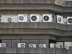 Air conditioners installed at a building near Jhandewalan, in New Delhi (Biplov Bhuyan/ Hindustan Times)