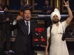 Jimmy Fallon (left) and Diljit Dosanjh (right) on The Tonight Show. 