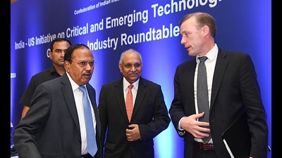 **EDS: HANDOUT IMAGE** New Delhi: Ajit Doval, KC, National Security Advisor, Government of India (L); Chandrajit Banerjee, Director General, Confederation of Indian Industry (C); Jake Sullivan, Assistant to the President for National Security Affairs, United States of America (R) at the exclusive Industry Roundtable on India – US Initiative on Critical and Emerging Technologies, in New Delhi, Tuesday, June 18, 2024. (PTI Photo)(PTI06_18_2024_000267B) (PTI) **EDS: HANDOUT IMAGE** New Delhi: Ajit Doval, KC, National Security Advisor, Government of India (L); Chandrajit Banerjee, Director General, Confederation of Indian Industry (C); Jake Sullivan, Assistant to the President for National Security Affairs, United States of America (R) at the exclusive Industry Roundtable on India – US Initiative on Critical and Emerging Technologies, in New Delhi, Tuesday, June 18, 2024. (PTI Photo)(PTI06_18_2024_000267B) (PTI)