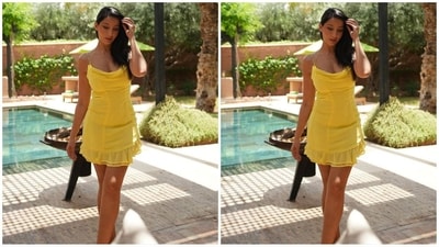 Her outfit comes in a beautiful shade of butter yellow and features a halter plunging neckline, open back with zip closure, sleeveless design, bodycon fit flattering your curves and a ruffled mini hemline, oozing summer chic. (Instagram/@norafatehi) Her outfit comes in a beautiful shade of butter yellow and features a halter plunging neckline, open back with zip closure, sleeveless design, bodycon fit flattering your curves and a ruffled mini hemline, oozing summer chic. (Instagram/@norafatehi)