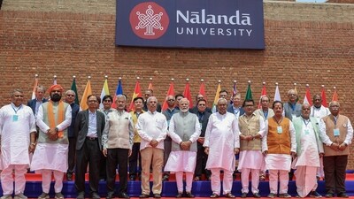Prime Minister Narendra Modi in a group photo with Bihar CM Nitish Kumar, EAM Dr S Jaishankar and others during the inauguration of the new campus of Nalanda University in Bihar on Wednesday (ANI) Prime Minister Narendra Modi in a group photo with Bihar CM Nitish Kumar, EAM Dr S Jaishankar and others during the inauguration of the new campus of Nalanda University in Bihar on Wednesday (ANI)