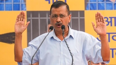 Delhi chief minister Arvind Kejriwal at the AAP office ahead of his surrender at the Tihar jail in New Delhi on June 2. (PTI)