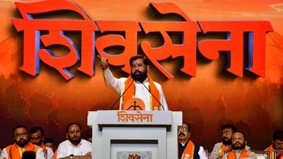 Maharashtra chief minister Eknath Shinde speaks during an event marking the Shiv Sena's foundation day. (Satish Bate/Hindustan Times) Maharashtra chief minister Eknath Shinde speaks during an event marking the Shiv Sena's foundation day. (Satish Bate/Hindustan Times)