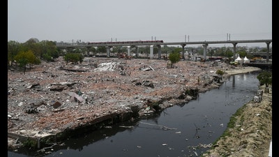 Illegal constructions in Akbar Nagar razed, in Lucknow, on Wednesday. (HT Photo) Illegal constructions in Akbar Nagar razed, in Lucknow, on Wednesday. (HT Photo)