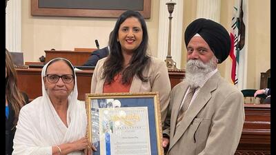 Jasmeet Kaur Bains (centre), member of the California state assembly, presents a copy of the resolution to family members of those killed by police in Nakodar in 1986. Jasmeet Kaur Bains (centre), member of the California state assembly, presents a copy of the resolution to family members of those killed by police in Nakodar in 1986.