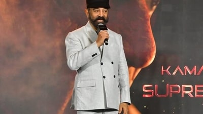 Kamal Haasan looked retro chic in a monochrome suit, noting that he’s in ‘awe’ of that Nag Ashwin has accomplished with Kalki 2898 AD and that he always wanted to play the ‘baddie’. Kamal Haasan looked retro chic in a monochrome suit, noting that he’s in ‘awe’ of that Nag Ashwin has accomplished with Kalki 2898 AD and that he always wanted to play the ‘baddie’.