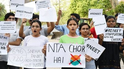 Students protest against the alleged irregularities in NEET UG 2024 results and demand re-examination, in Prayagraj. (ANI) Students protest against the alleged irregularities in NEET UG 2024 results and demand re-examination, in Prayagraj. (ANI)