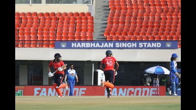 Opener Harnoor Singh Pannu again hogged the spotlight by hitting 34 runs off 10 balls and remaining unbeaten. (HT photo) Opener Harnoor Singh Pannu again hogged the spotlight by hitting 34 runs off 10 balls and remaining unbeaten. (HT photo)