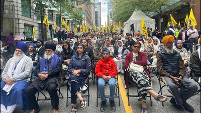 Pro-Khalistan protesters gathered in front of India’s consulate in Vancouver, Canada on Tuesday. (Supplied photo) Pro-Khalistan protesters gathered in front of India’s consulate in Vancouver, Canada on Tuesday. (Supplied photo)