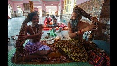 Sadhus at the Jammu Ram Mandir Base camp ahead of registration for the annual Amarnath Yatra in Jammu on Wednesday. (PTI) Sadhus at the Jammu Ram Mandir Base camp ahead of registration for the annual Amarnath Yatra in Jammu on Wednesday. (PTI)