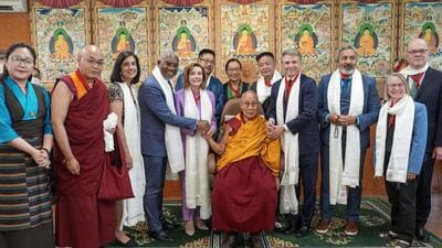 Tibetan spiritual leader the Dalai Lama with former US House of Representatives Speaker Nancy Pelosi and other members of the US Congressional delegation after a meeting in McLeodganj near Dharamshala on Wednesday. (PTI Photo) Tibetan spiritual leader the Dalai Lama with former US House of Representatives Speaker Nancy Pelosi and other members of the US Congressional delegation after a meeting in McLeodganj near Dharamshala on Wednesday. (PTI Photo)