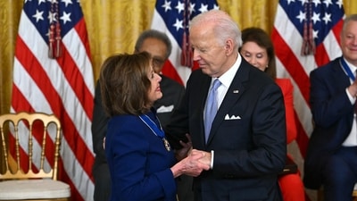 US President Joe Biden presents the Presidential Medal of Freedom to US Representative Nancy Pelosi (D-CA) in the East Room of the White House in Washington, DC, on May 3, 2024. (AFP) US President Joe Biden presents the Presidential Medal of Freedom to US Representative Nancy Pelosi (D-CA) in the East Room of the White House in Washington, DC, on May 3, 2024. (AFP)
