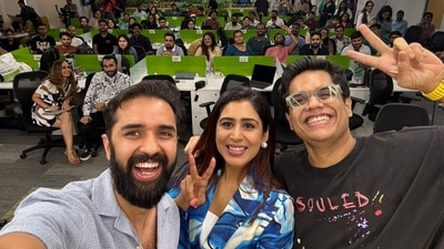 The image shows Ghazal Alagh with husband Varun Alagh and comedian Tanmay Bhat. (X/@GhazalAlagh) The image shows Ghazal Alagh with husband Varun Alagh and comedian Tanmay Bhat. (X/@GhazalAlagh)