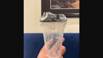 The image shows the empty sealed glass a man received after ordering lime soda from Swiggy. (X/@aaraynsh) The image shows the empty sealed glass a man received after ordering lime soda from Swiggy. (X/@aaraynsh)