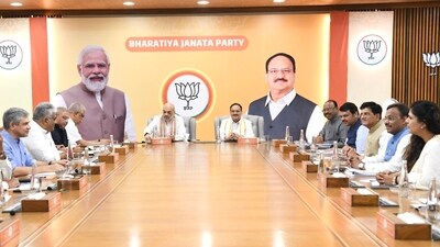 Maharashtra BJP's core group meeting with party president JP Nadda and Union home minister Amit Shah in New Delhi on Tuesday. (BJP) Maharashtra BJP's core group meeting with party president JP Nadda and Union home minister Amit Shah in New Delhi on Tuesday. (BJP)