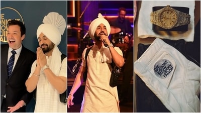 Diljit Dosanjh accessorised his outfit for the Jimmy Fallon show with a ₹1.2 crore diamond-encrusted gold watch. (Instagram) Diljit Dosanjh accessorised his outfit for the Jimmy Fallon show with a ₹1.2 crore diamond-encrusted gold watch. (Instagram)