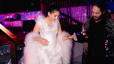 Radhika Merchant wears a blush pink gown with Anant Ambani during their pre-wedding celebrations. (Instagram) Radhika Merchant wears a blush pink gown with Anant Ambani during their pre-wedding celebrations. (Instagram)