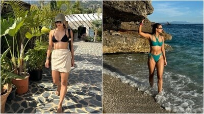 Triptii Dimri's beach looks during her holiday in Albania are sure to inspire your next vacation wardrobe. Her first look features a black bikini top paired with a white wrap skirt, complemented by sunglasses and an olive cap. Her second look showcases a stylish turquoise blue bikini set. (Instagram) Triptii Dimri's beach looks during her holiday in Albania are sure to inspire your next vacation wardrobe. Her first look features a black bikini top paired with a white wrap skirt, complemented by sunglasses and an olive cap. Her second look showcases a stylish turquoise blue bikini set. (Instagram)