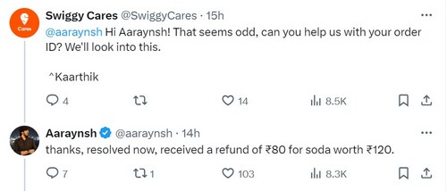 Swiggy's reply to an X user's complaint. (X/@aaraynsh) Swiggy's reply to an X user's complaint. (X/@aaraynsh)