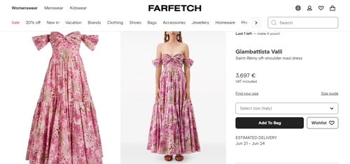 The price of the pink floral dress Shloka Ambani wore in Portofino. (farfetch.com)