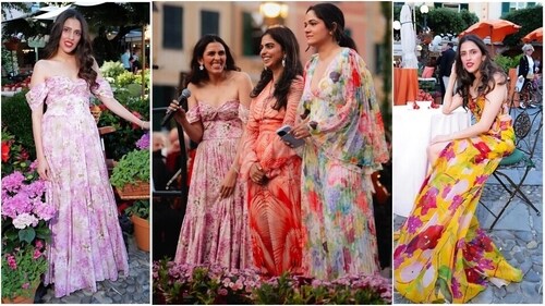 Shloka Ambani wears two floral gowns during Radhika Merchant and Anant Ambani's pre-wedding festivities. (Instagram) Shloka Ambani wears two floral gowns during Radhika Merchant and Anant Ambani's pre-wedding festivities. (Instagram)